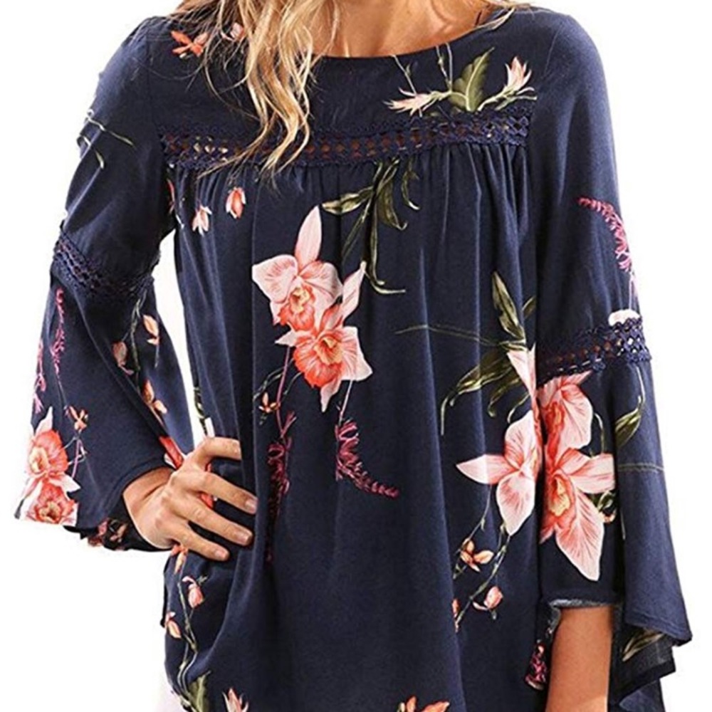 Womens Floral Print Flare Sleeve Blouse